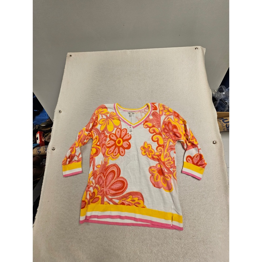 Talbots Petite Floral V-Neck Sweater 100% Cotton 3/4 Sleeve Orange Pink PM NEW